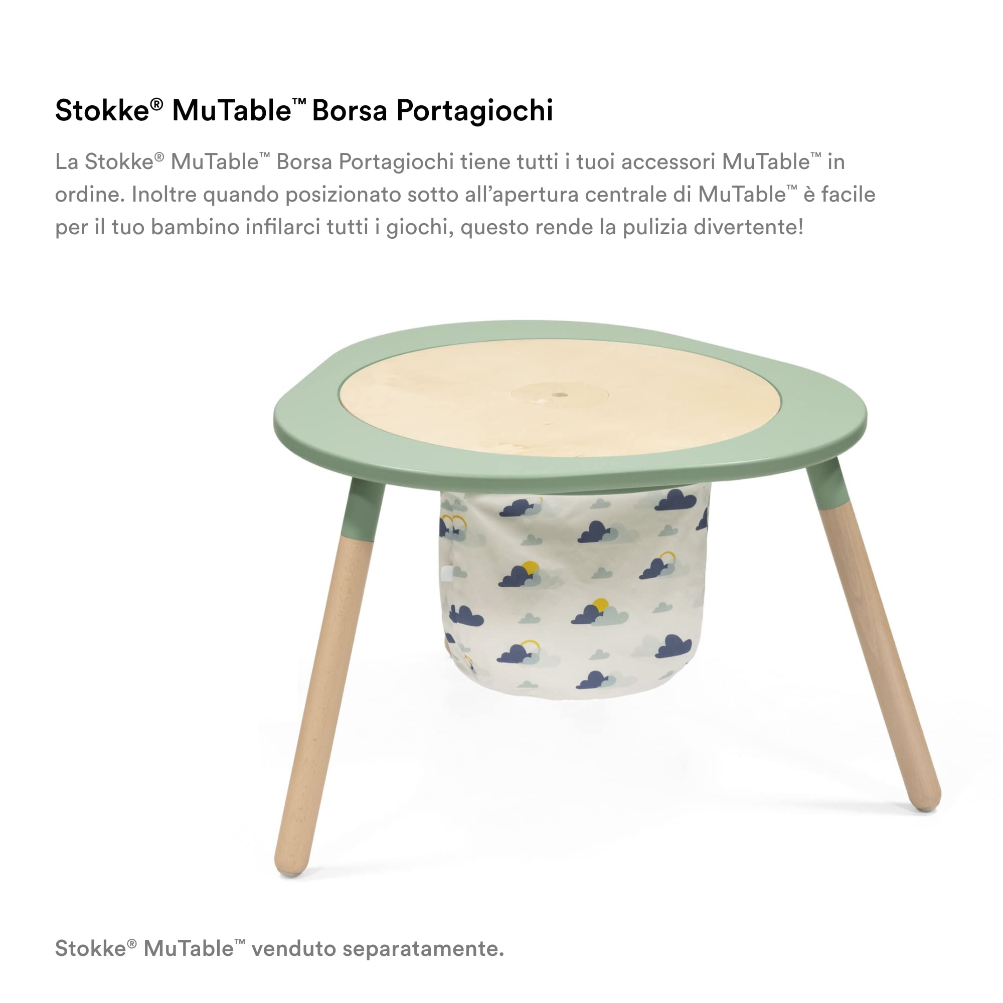 Stokke MuTable Borsa Portaoggetti, Clouds - Versione 2023 - Per giocattoli di piccole e medie dimensioni - Realizzata in morbido cotone + rete traspirante - Lavabile in lavatrice
