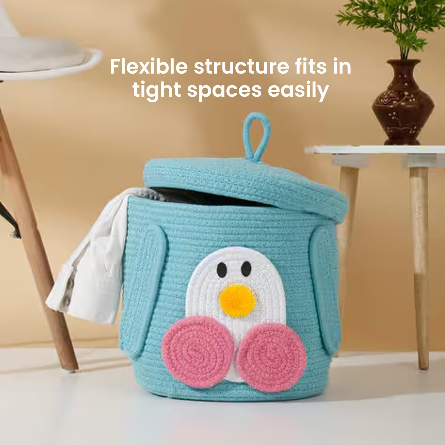 BIANCO Tall Cotton Rope Storage Basket with Lid | Cute Penguin Design Multipurpose Organizer Bin for Toys, Baby Supplies & Laundry | Durable, Foldable Decorative Storage Box Product Image 5