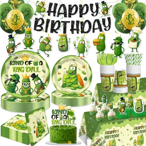 Pickle Party Decorations Funny Pickle Cucumber Happy Birthday Banner Cake Topper Balloons Cartoon Pickle Plates and Napkins with 2 Pcs Pickle Birthday Tablecloth Decorations