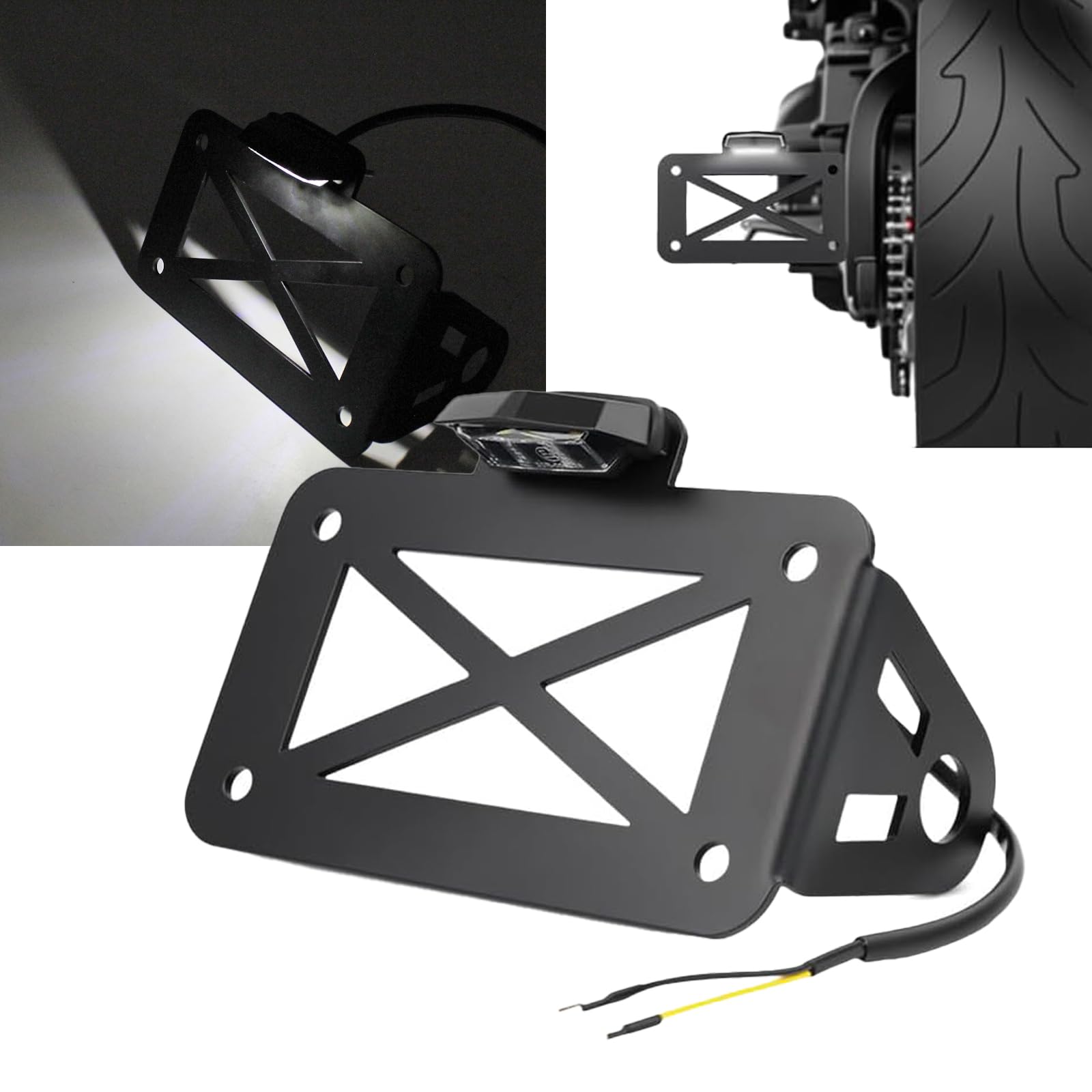 Support De Plaque Moto, Universel Support Plaque avec éClairage Supports De Plaque D'Immatriculation LatéRal MéTal pour La Plupart des Motos Sportives Motos Cruisers Etc 17,8x12x7,5 Cm Noir
