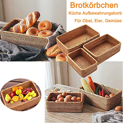 jeerbly Rechteckiger handgefertigter Rattankorb aus geflochtenem Rattan, Obst- und Brottablett, tragbare und einfache Picknick-Aufbewahrungsbox, Küchenartikel und Dekoration
