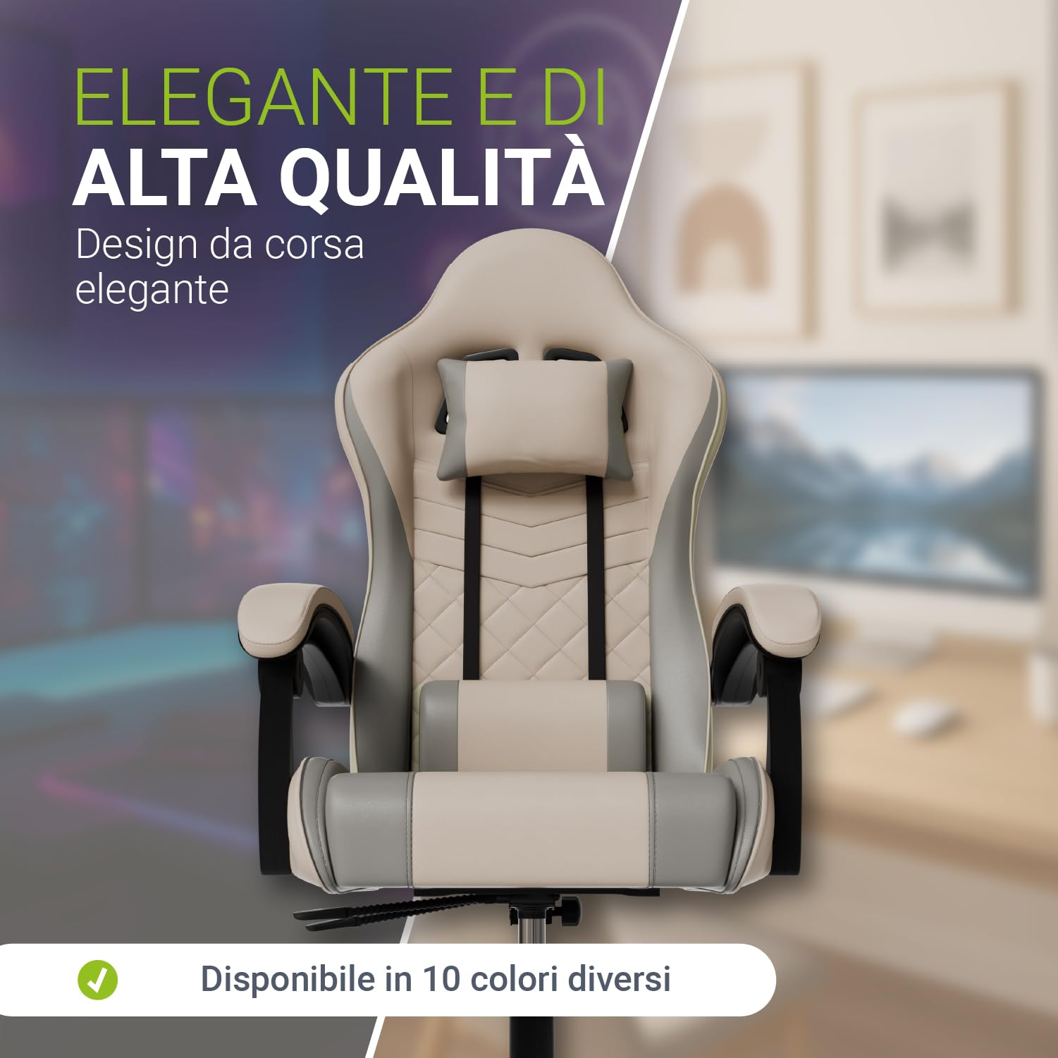 Juskys Sedia da gaming HyperSeat – Regolabile in altezza, schienale reclinabile e braccioli imbottiti, similpelle, ergonomica e resistente – Beige/grigio chiaro