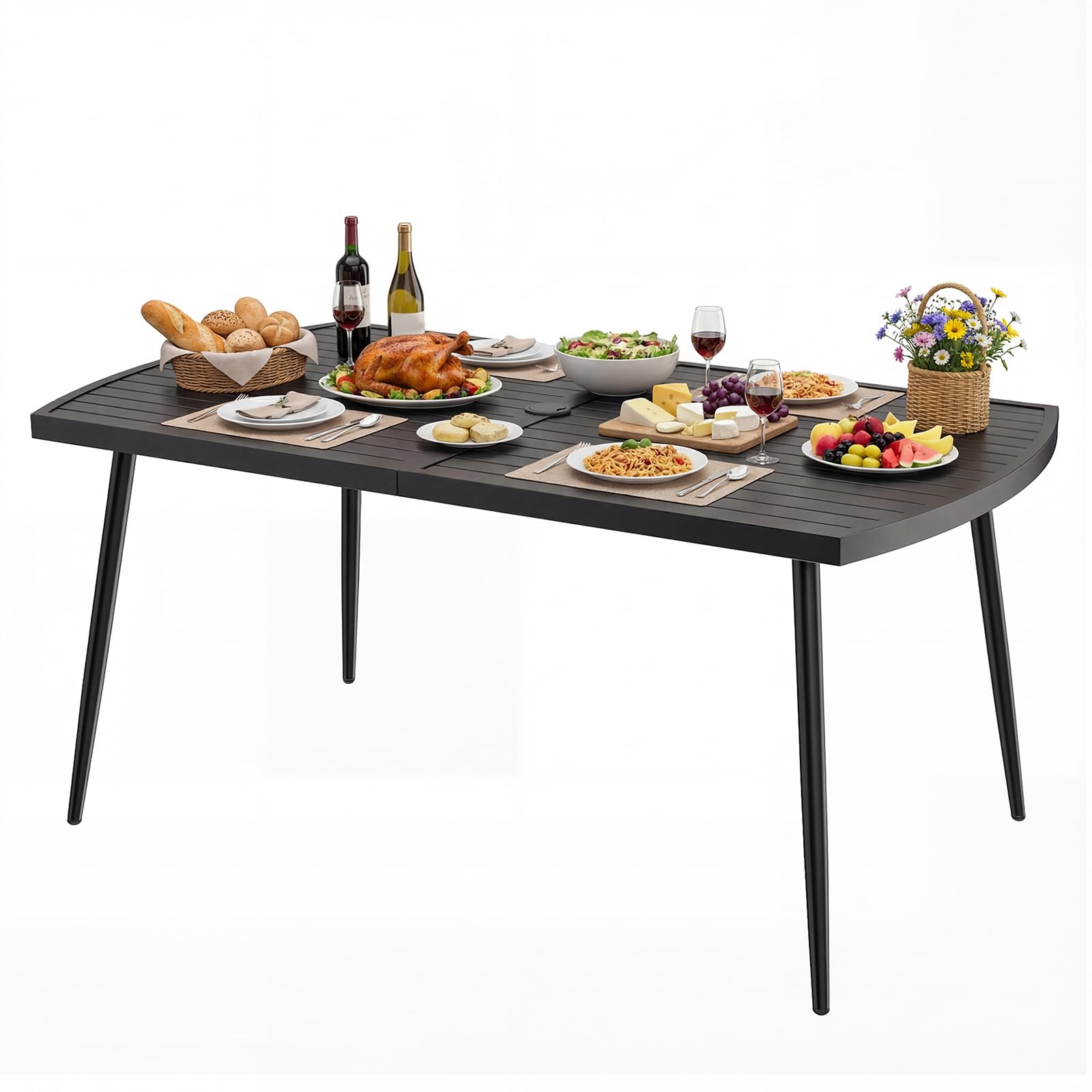 TANGZON 160 x 90cm Metal Garden Table for 6, Outdoor Dining Table with Parasol Hole & Slatted Top, Rectangular Bistro Patio Dining Tables Furniture for Backyard Balcony Lawn Poolside, Black