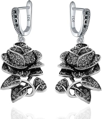 Black Rhinestone Rose Flower Earrings For Women Vintage Fashion Ear Drops Luxury Jewelry Beauty Gifts