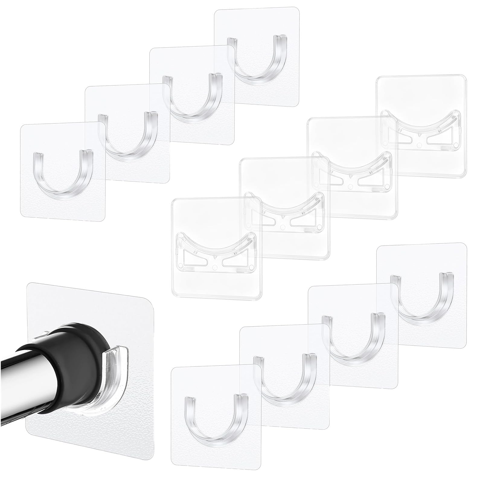 4-Pack No Drill Curtain Pole Brackets Set Heavy Duty Curtain Rod Holder with Sticky Adhesive Backing, Clear Transparent Tension Hooks, Wall Mount Support for Bathroom Shower and Wardrobe — image 1