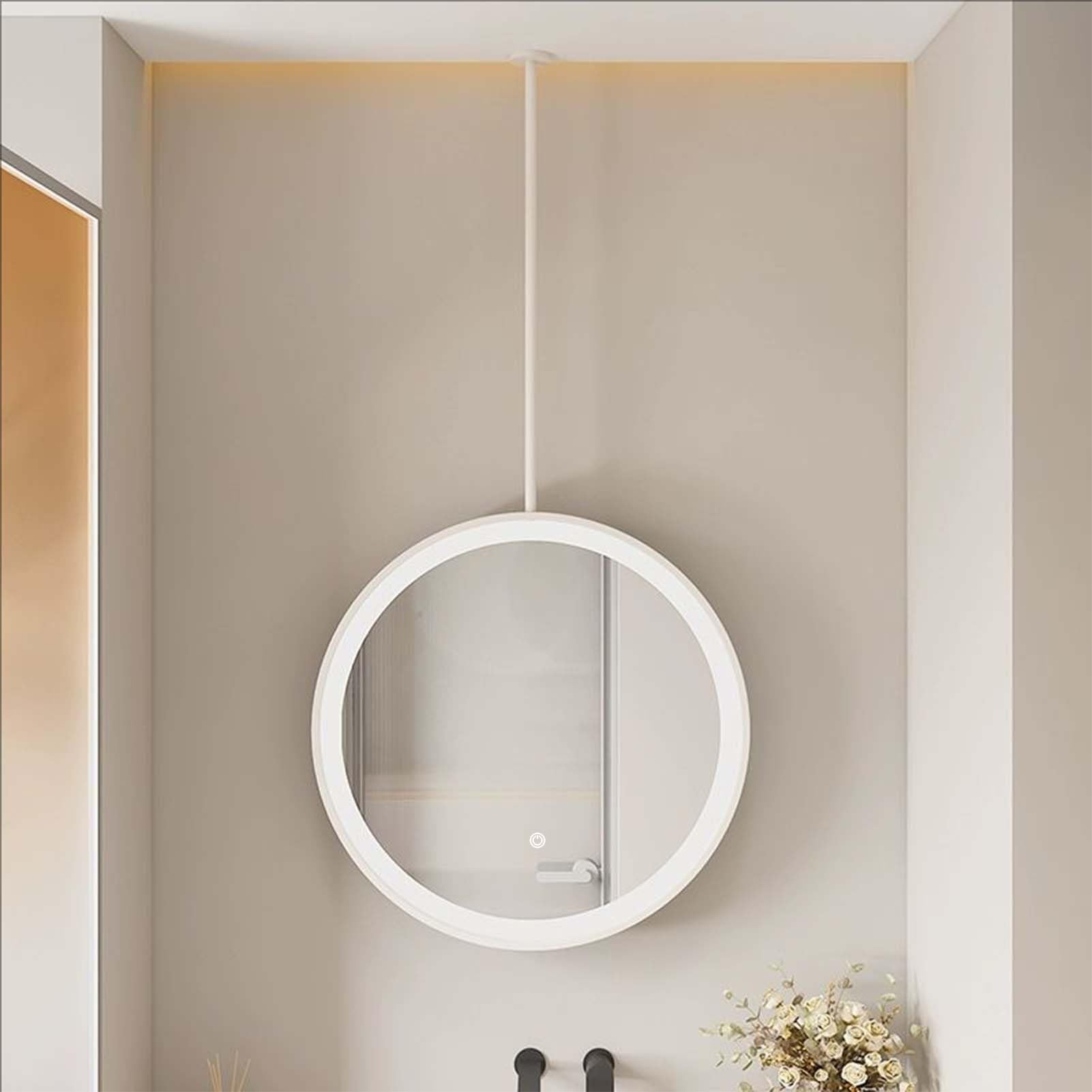 GLJTUO Ceiling Mounted LED Mirror with Metal Frame and Hanging Rod, Wall Vanity Suspended Floating Decorative Mirrors for Bathroom Living Room Hallway,White-1L x 1W cm