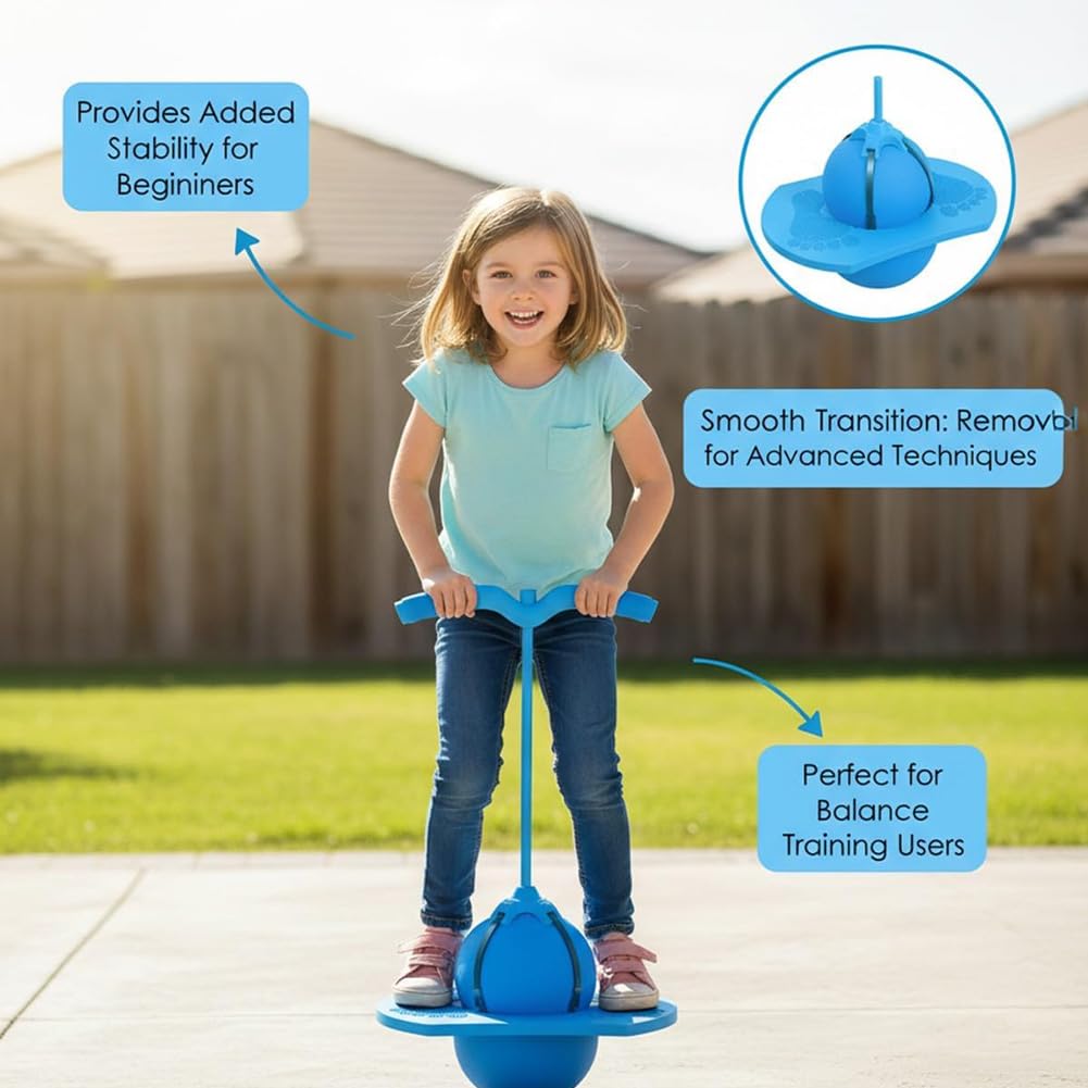 Pogo Jumper Ball for Kids & Adults, Balance Jumping Ball with Handle and Pump, Bounce Jump Trick Board, Strong Grip Deck Sticks for Boys & Girls, Exercise Balance Coordination Ability (Blue)