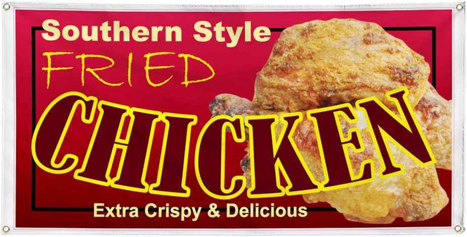Vinyl Banner Multiple Sizes Southern Style Fried Chicken Restaurant Cafe B Restaurant & Food Outdoor Weatherproof Industrial Yard Signs Brown 4 Grommets 24x36Inches