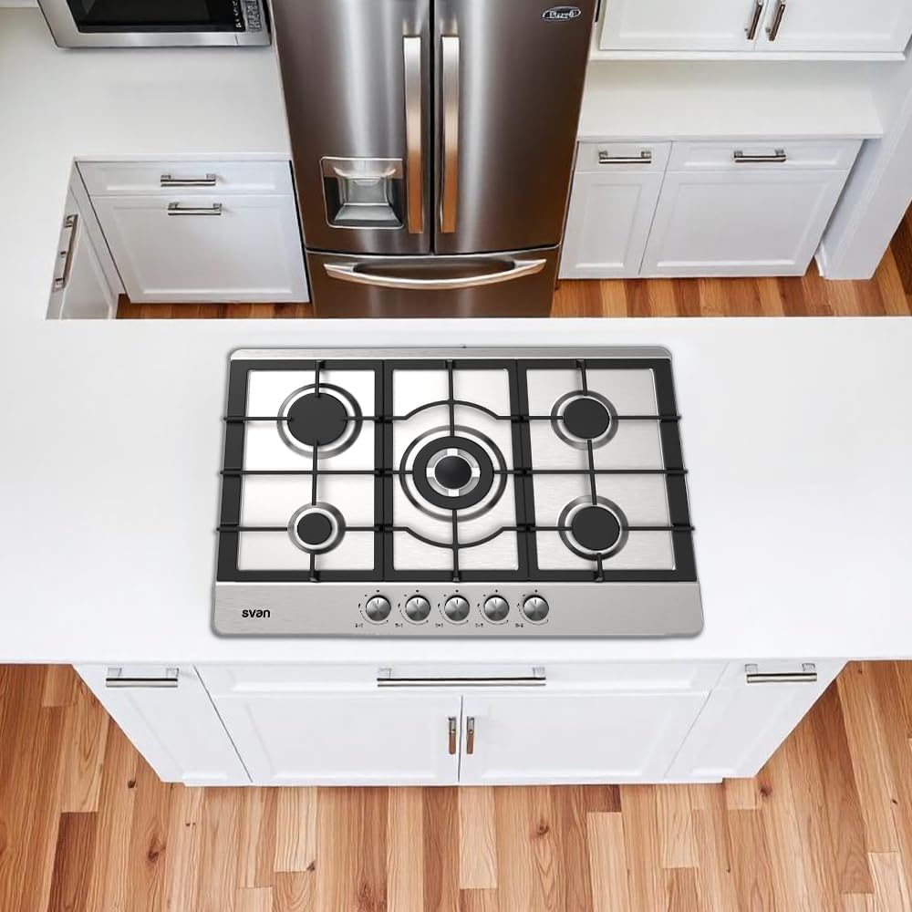 Svan Encimera de Gas Inox SGW57500X. Potencia máx. 4 kW, 5 Quemadores, Quemador WOK triple llama, sistema Ignición Automática, Parrillas Forjadas, Kit Conversión Gas Natural