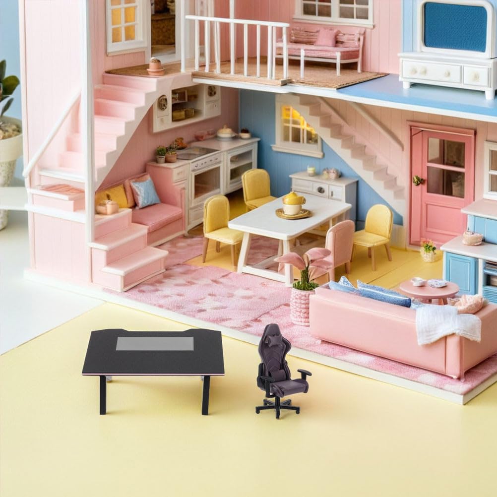TOYANDONA Set da scrivania e sedie da gioco in miniatura in scala 1:12, modello realistico in miniatura per la decorazione della casa delle bambole, lavori di bricolage,