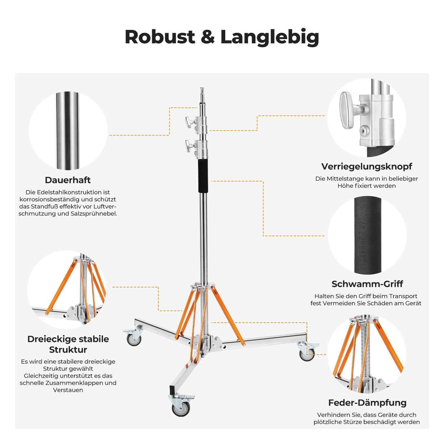 K&F CONCEPT 330CM Wirklich Edelstahl Lichtstativ mit 360°Drehen Rollen | 130-330CM verstellenbar Heavy Duty Fotografie Galgenstativ C-Stand für COB-Leuchten, Ringlichter, Blitzlichter Last 30KG,TL11