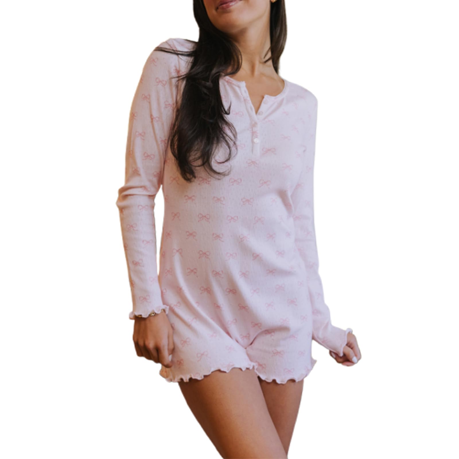 HzDazrl Women Long Sleeve Shorts Rompers Y2k Cute Bow Print Button V Neck Fall Pajama One Piece Jumpsuit Loungewear