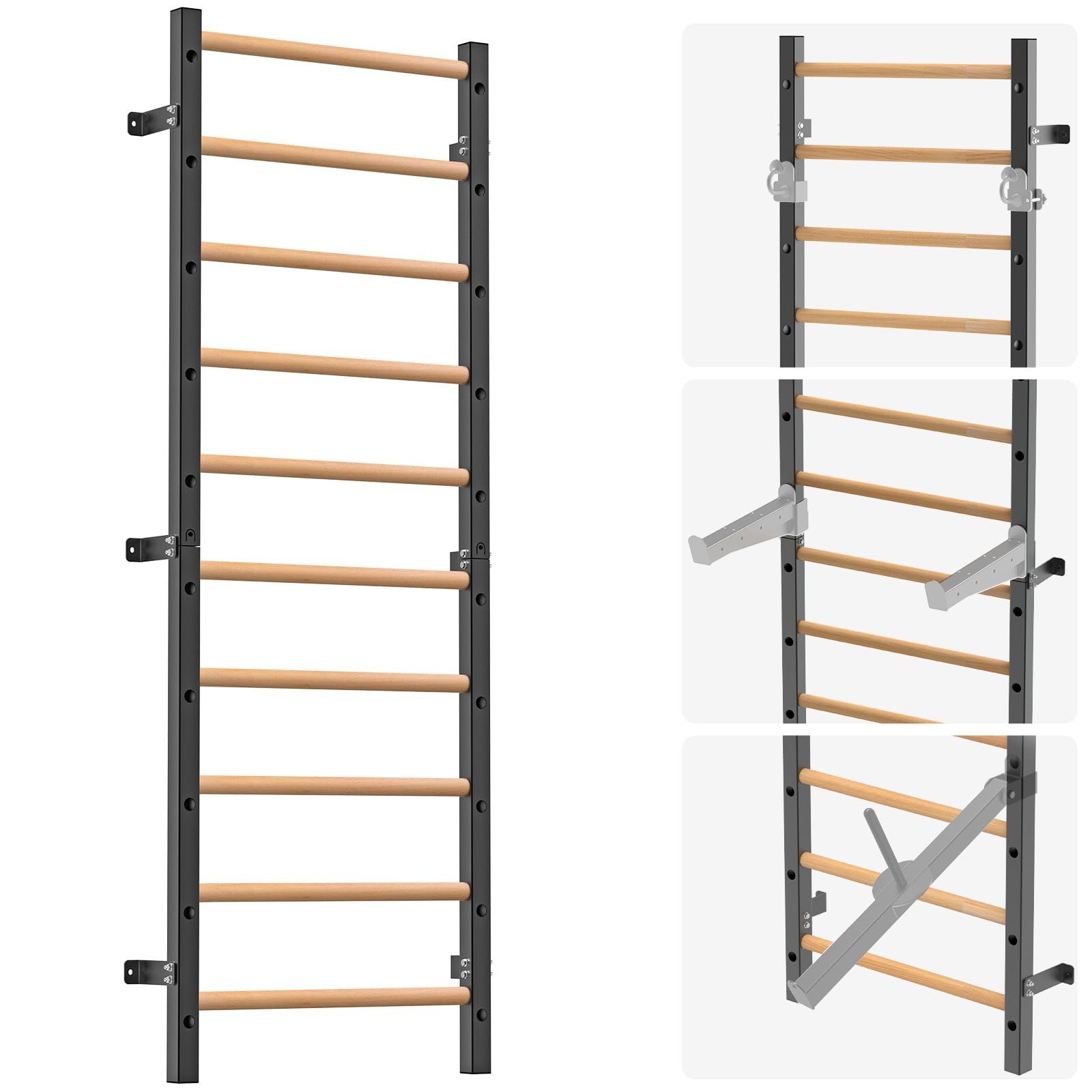 Barra de madera, escalera sueca con barra de dominadas, entrenador de suspensión montado en la pared para el hogar, gimnasio, escuela y clínica