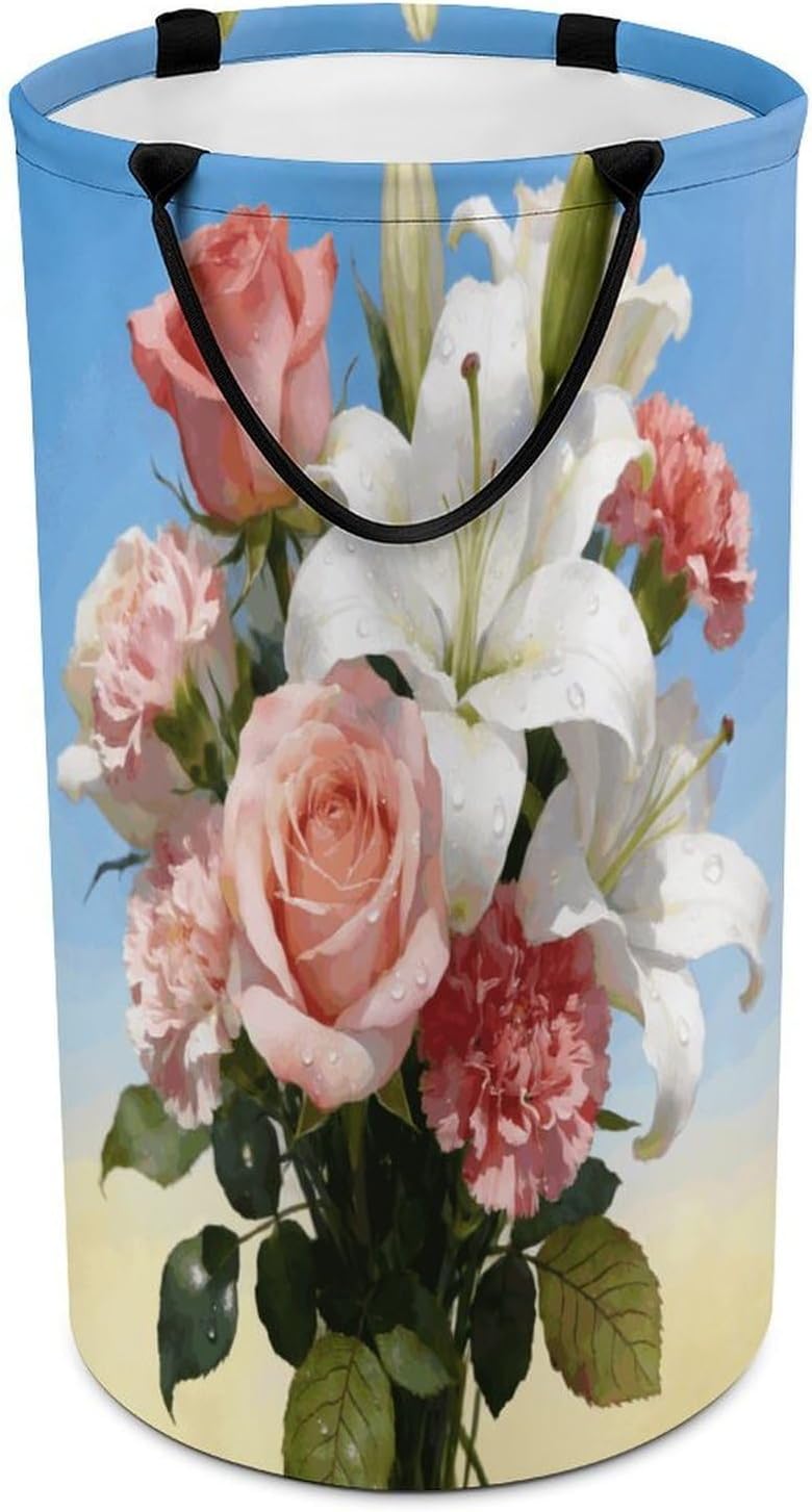 Bright Light Flower Charm Laundry Hamper 86L Waterproof Collapsible Clothes Basket with Double Handles Freestanding Foldable Laundry Basket Large Clothes Hamper for Bathroom