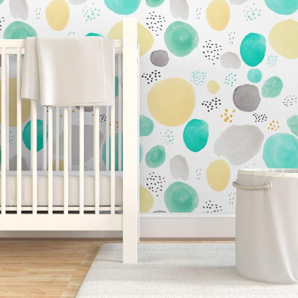 Spoonflower Removable Wallpaper 6ft x 2ft - Teal Grey Gold Watercolor Dots Yellow Midcentury Modern Polka Aqua Custom Pre-Pasted Wallpaper
