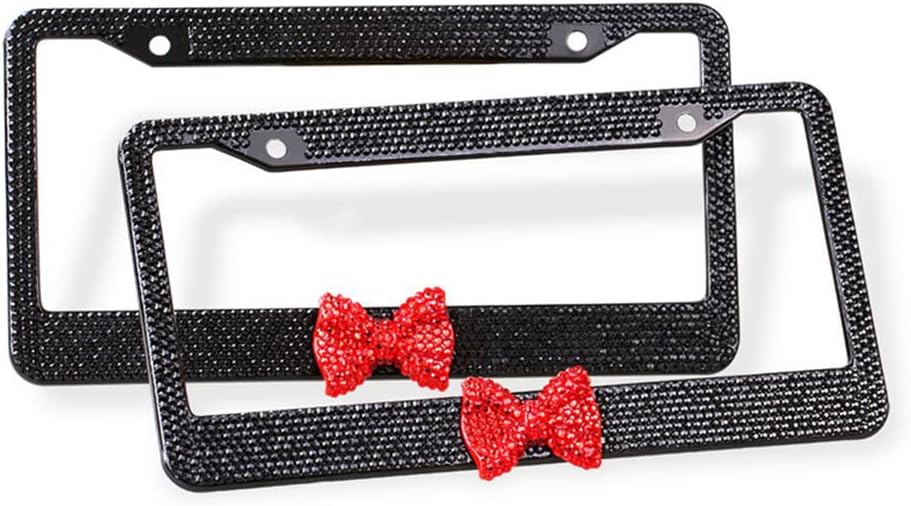 Shiny Bling Unisex License Plate Cover Frame – 2 Pack Crystal Black with Red Ribbon Bow Premium Quality Novelty/License Plate Frame with Mounting Screws