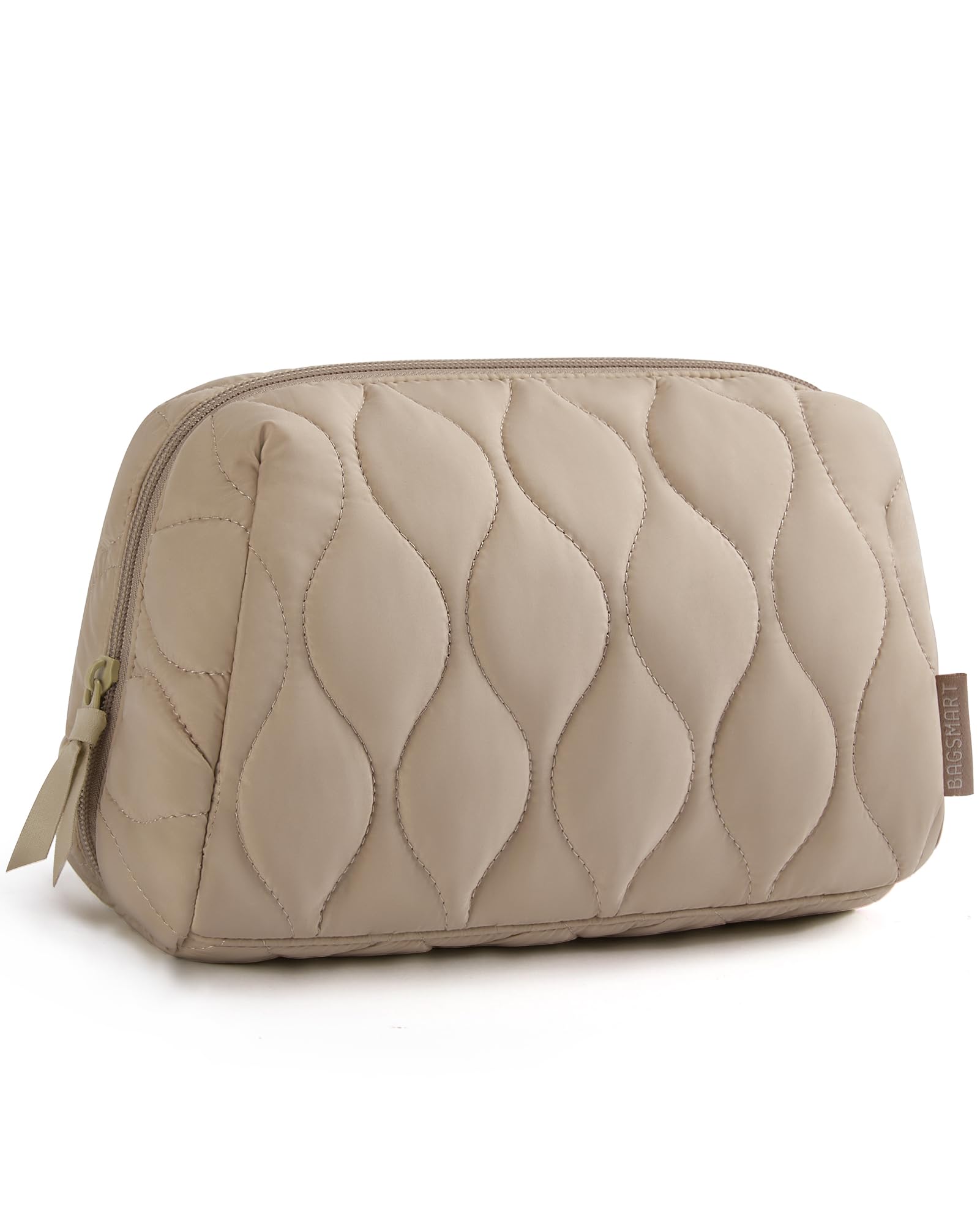 BAGSMART(バグスマート) メイクアップバッグ、旅行用コスメバッグ、パフィーパッド入りメイクアップバッグ、女性用メイクアップオーガナイザーケース、ワイドオープンポーチ財布、旅行必需品、洗面用具アクセサリーブラシ, カーキ