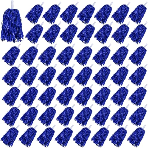 54PCS Cheerleading Pom Poms Metallic Foil Plastic Pom Poms with Baton Handle for Game Sports (Blue)