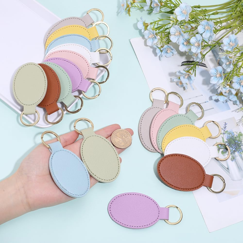 SUNNYCLUE 1 Box 18Pcs 9 Colors PU Leather Keychain Blanks Leather Key Fobs Bulk Oval Laser Engraving Stamping Blanks Keychains with Golden Split Key Ring for DIY Keyrings Crafts Supplies Women Men image 3