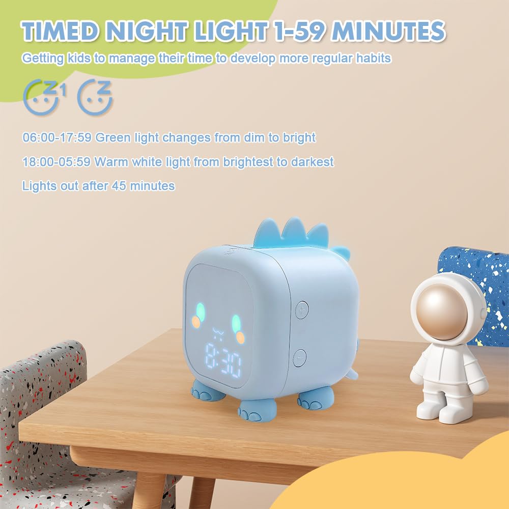 Reloj Despertador para niños, Despertador Digital con luz Nocturna, función de repetición y Temporizador, Control De Voz USB Reloj Despertador de Dinosaurio para niños y niñas (Azul)