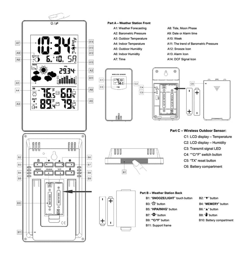 Wetterstation mit Barometer, Forecast, Digital-Thermometer, Hygrometer für den Innen- und Außenbereich, Raumluftbefeuchter mit Wettervorhersage und digitaler Snooze, Weiß