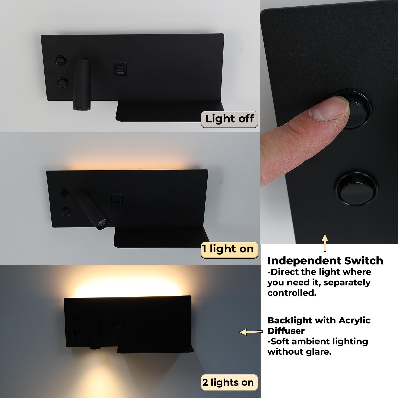 Alpinaluz Applique da Parete Nero Opaco con Faretto LED Sinistro, Luce Calda 2700K, Porte USB-C e USB-A, Interruttori Indipendenti e Mensola Metallica per Cellulare