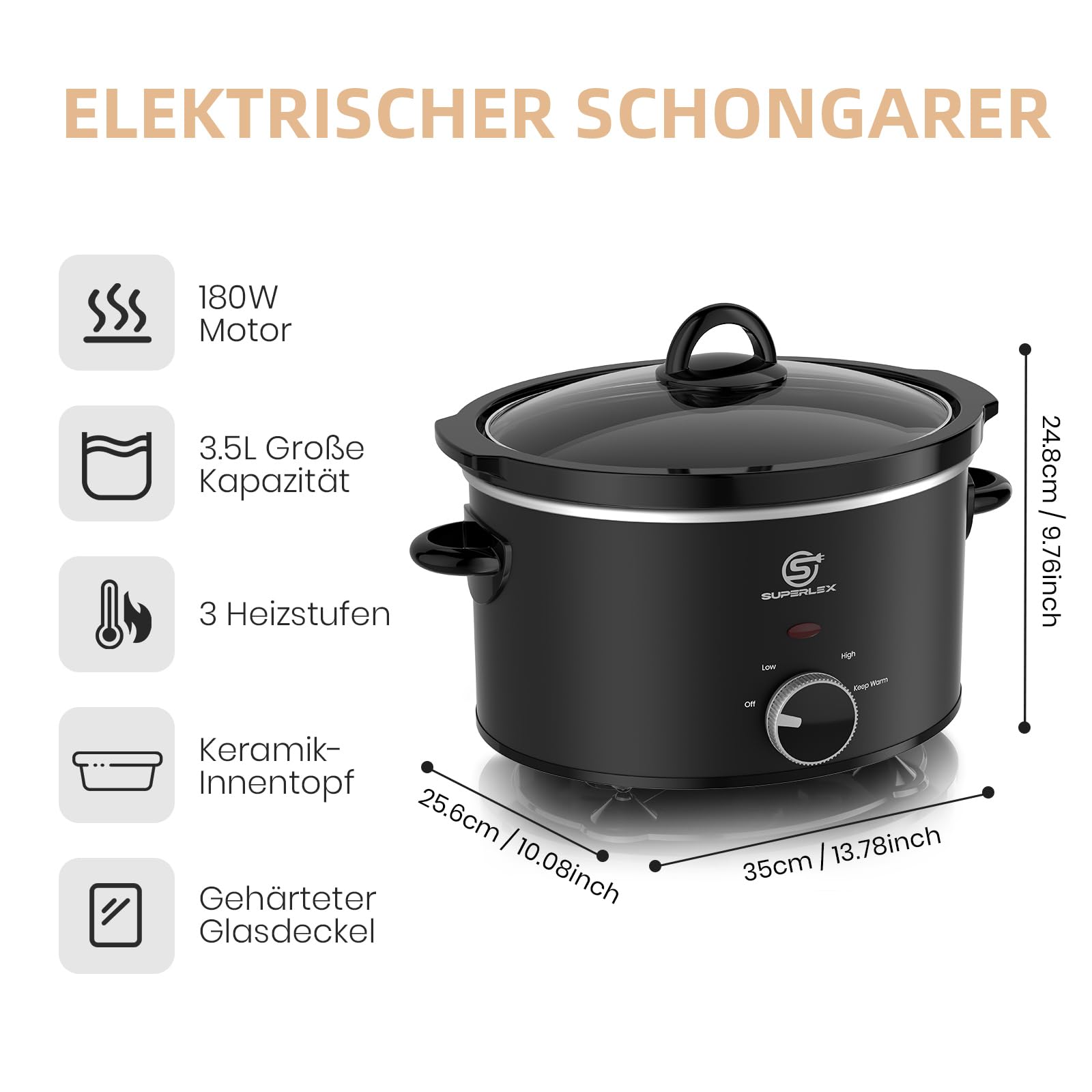 Slow Cooker - Pentola elettrica in ceramica con coperchio in vetro, con funzione di mantenimento in caldo, risparmio energetico, lavabile in lavastoviglie, ideale per stufato, zuppa, carne