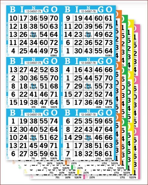Juego de papel de bingo de 6 cartas, 50 libros de bingo únicos, 7 hojas de bingo diferentes por libro, 350 hojas de bingo en total, fabricadas en