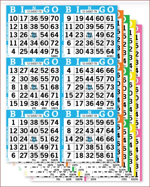 Bingo Paper Game Books – 6 Cards Per Page – 50 Books with 7 Pages Each, 350 Total – 7 Color Sequence – Disposable Dauber Paper for Events, Fundraisers & Parties – Made in USA