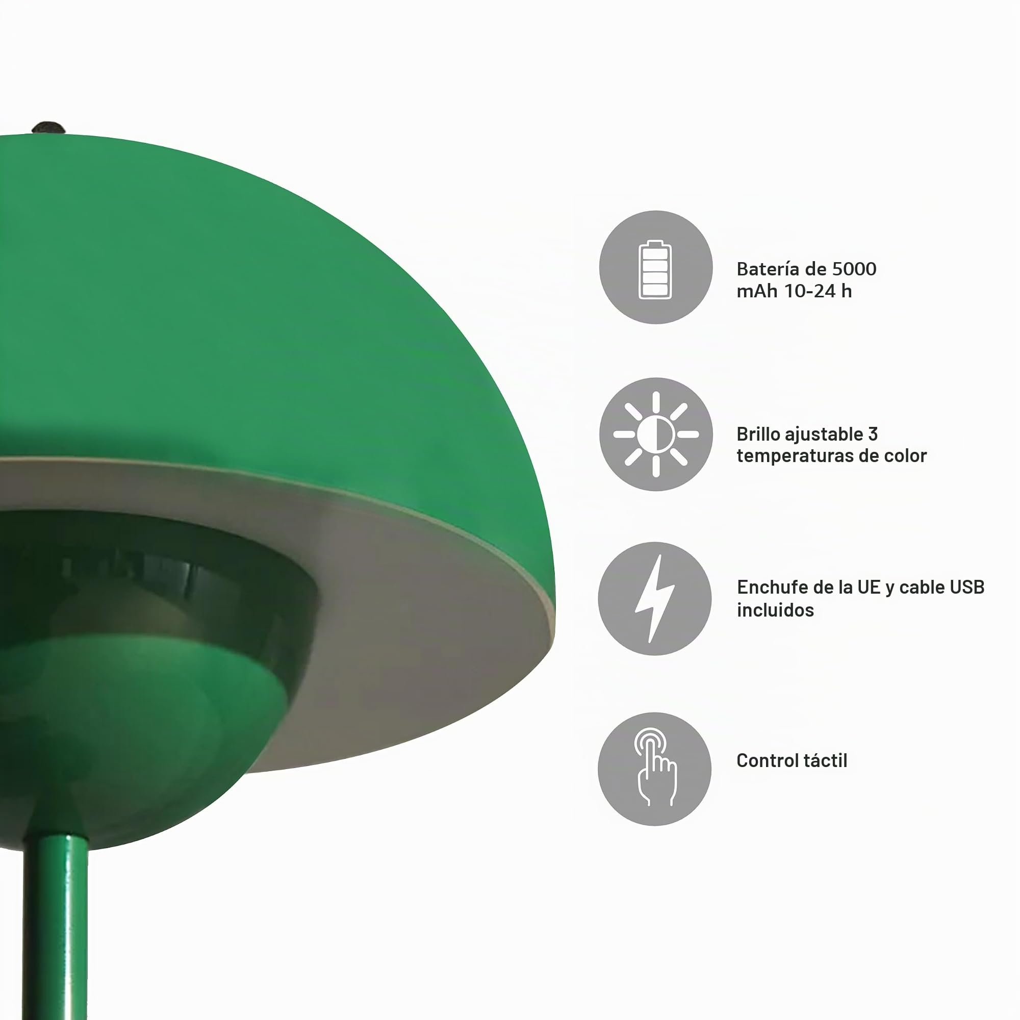 Luxio Lámpara de mesa LED Milan con forma de seta, inalámbrica, recargable de 5000 mAh, color verde, intensidad regulable y 3 temperaturas de color. IP44. Cable USB y enchufe UE incluidos.