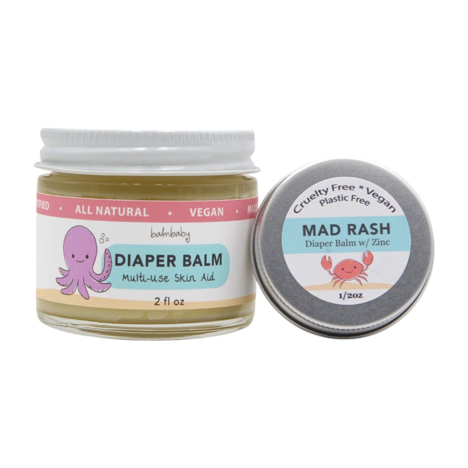 DIAPER COMBO - Natural Diaper Balm for Everyday Use + Mad Rash Balm with Non-Nano Zinc Oxide for More Serious Diaper Rash (travel size) | Vegan | Calendula | Plastic Free | Made in USA