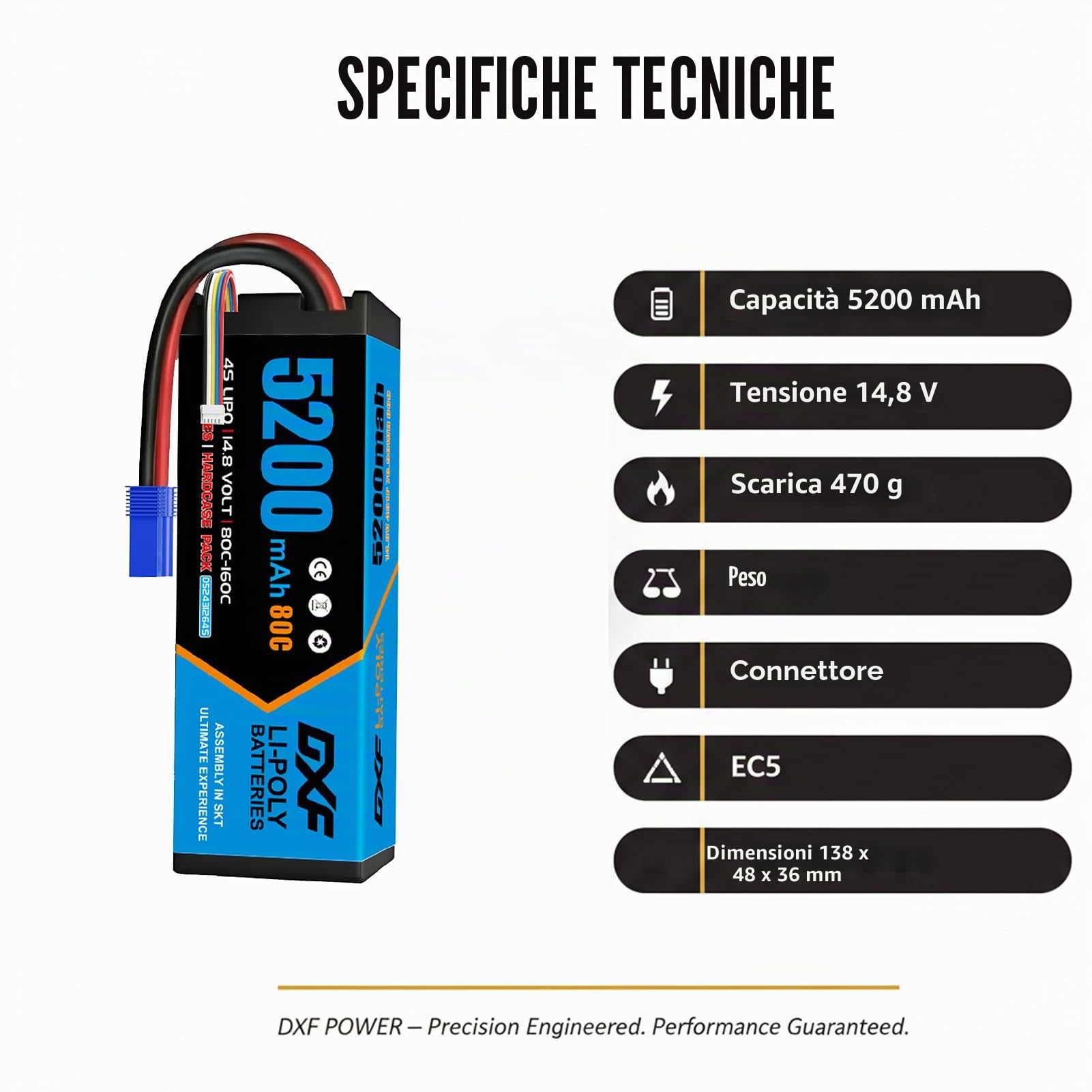 DXF Batteria LiPo 4S 14.8V 5200mAh 80C Spina EC5 Auto RC 1/8 1/10 Truck Buggy Touring Car Alte Prestazioni Compatta Leggera Potente Gare Racing Corse Modellismo 1 Pezzo
