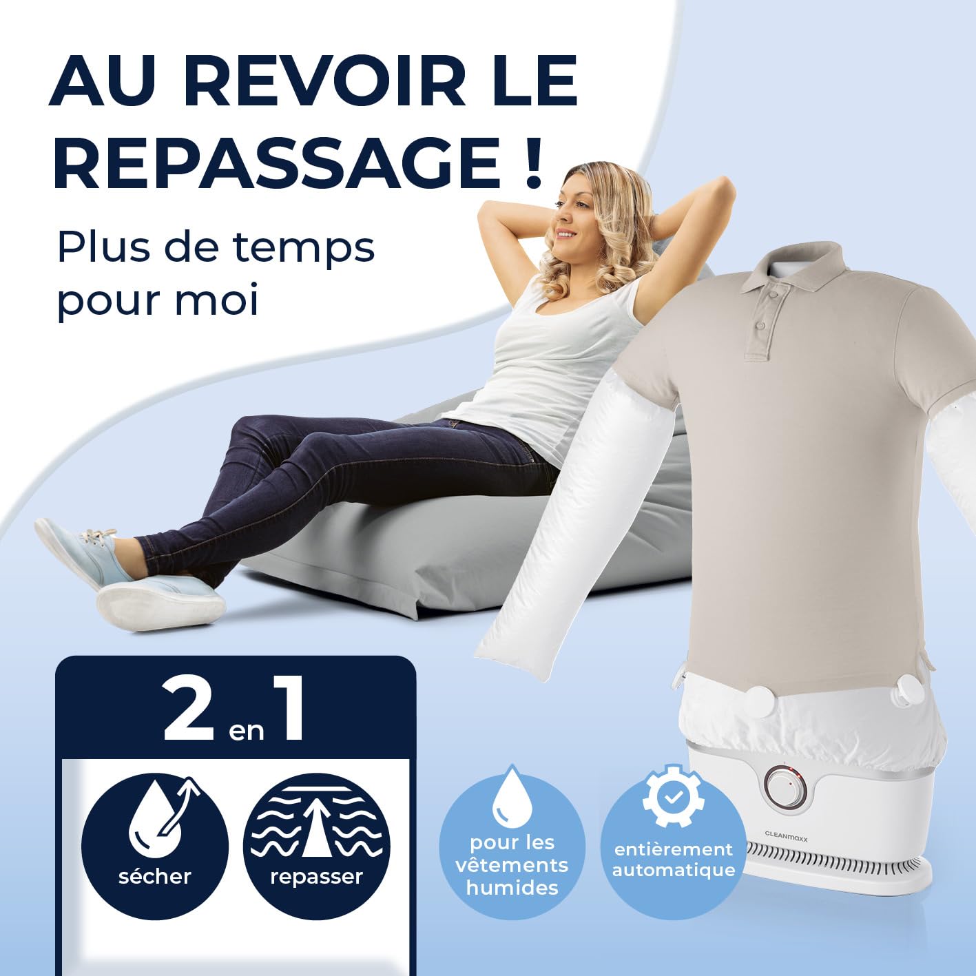 CLEANmaxx Repassage automatique de chemises PRO | Remplace le fer à repasser, la planche à repasser, le défroisseur vapeur et le steamer | Pour chemises, chemisiers & t-shirts | Innovant & efficace