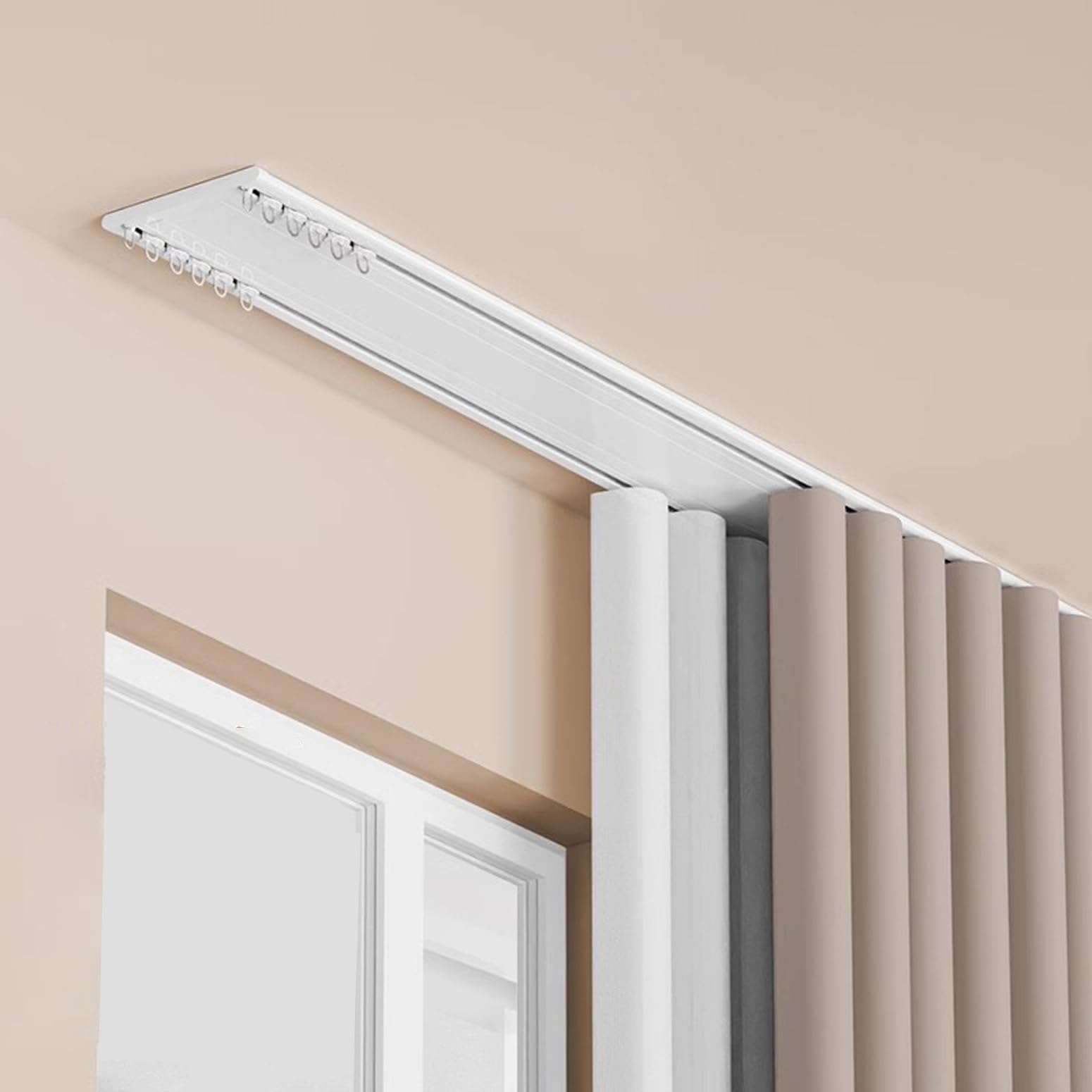 Podwójny system szyn do zasłon – 2-warstwowa montowana na suficie czarna aluminiowa szyna do draperii, cicha, przesuwna, łatwa instalacja, 1,1 m, idealna do zasłon i zasłon
