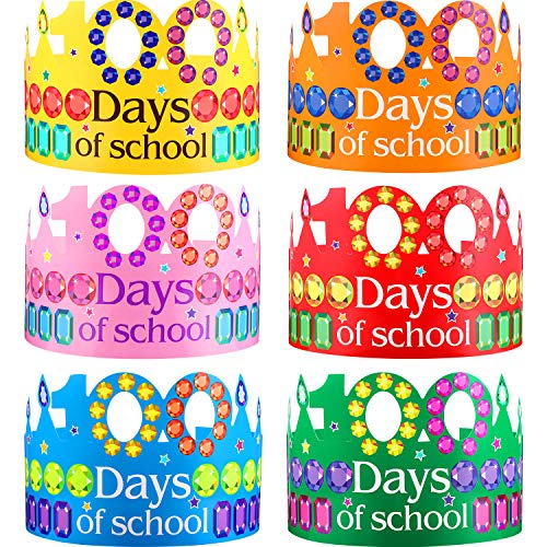 Blulu 30 Pieces 100th Day of School Paper Crowns, 6 Colors 100 Day of School Rhinestones Paper Crowns Party Hats for Decorations Celebration Classroom Supplies, 15.7 X 3.9 Inch Multicoloured