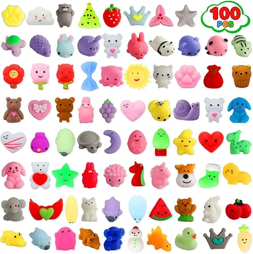 Paquete de 100 Juguetes Squishies, Pequeños Juguetes Fidget Squishy de Mochi Aleatorios a Granel, Regalos de Fiesta para Niños de 4-8 y 8-12, Bolsa