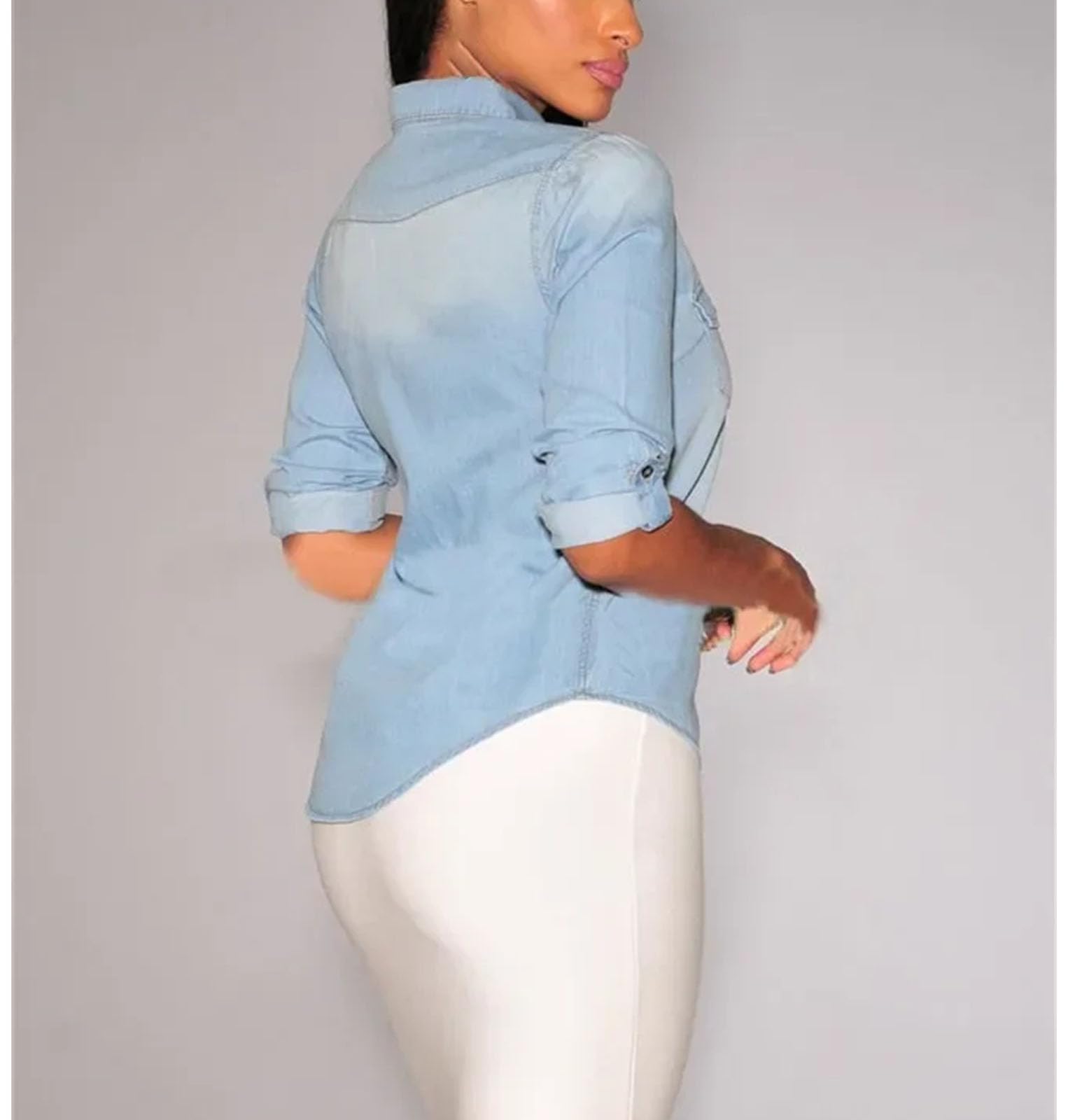 Camicie da donna Manica Lunga Turn Down Colletto Monopetto Pulsante Denim Camicette Tinta unita Slim Fit High Street Tasche