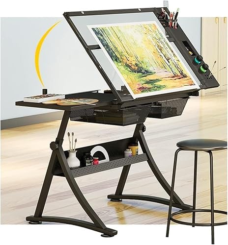 製図台 高さ調節可能 描画アートテーブル アーティストデスク 傾斜式ガラス卓上絵画ワークステーション 収納引き出し付き