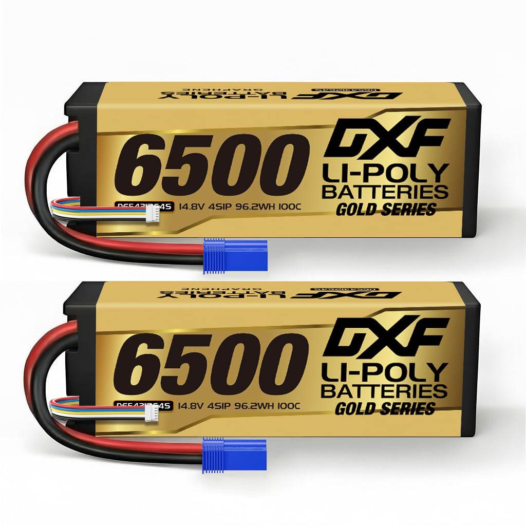 DXF 4S 14.8V 6500mAh 100C lipo battery - 4s lipo battery HardCase EC5 for 1/8 RC Buggy Truggy Car - 4s lipo Ideal for RC Car,1/10 Scale, Fits Emaxx, Bandit, Rustler, Losi, Axial & More 2Pack