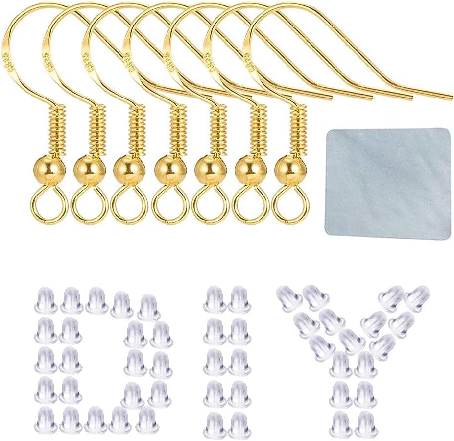 Hypoallergenic Gold Earring Hooks - 120 pcs/60 Pairs 18k Gold Nickel Free Ear Wires Fish Hooks for Jewelry Making, Jewelry findings Parts with 120 pcs Rubber Earring Backs Stopper for DIY Earrings