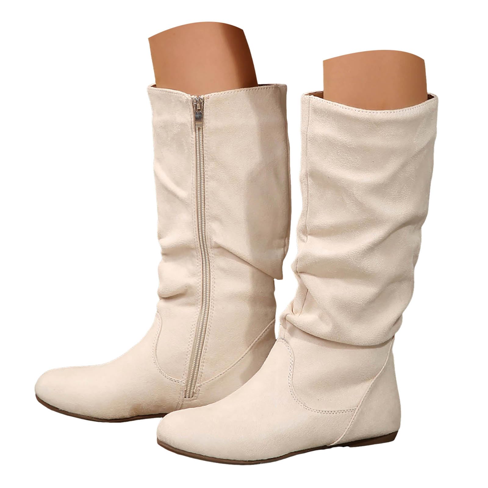 Womens Suede Flats Mid Calf Boots Pull On Booties Fashion Round Toe Side Zipper Fall Winter Long Tall