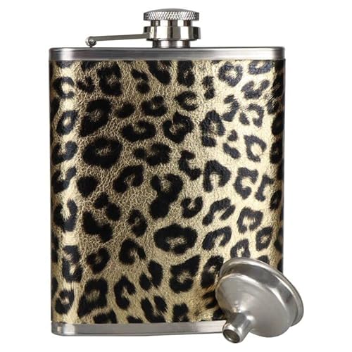 Frascos de leopardo para mujer, divertidos frascos de cadera a prueba de fugas, botella de acero inoxidable con embudo (7 onzas, leopardo) Cover