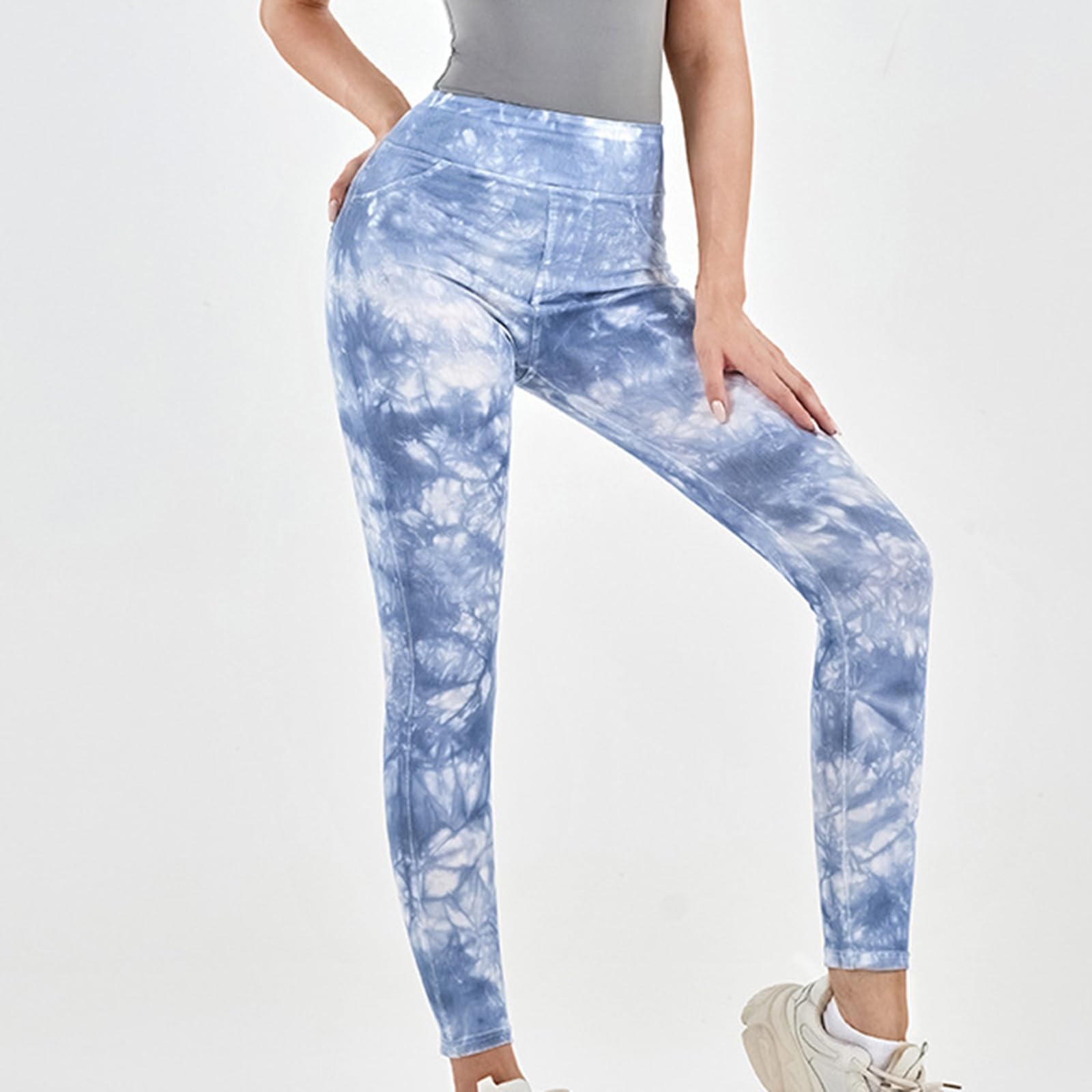 Tie-dye Gym Yoga Pants for Women Fashion High Waist Stretchy Leggings Casual Slim Fit Tummy Control Trousers Sky Blue
