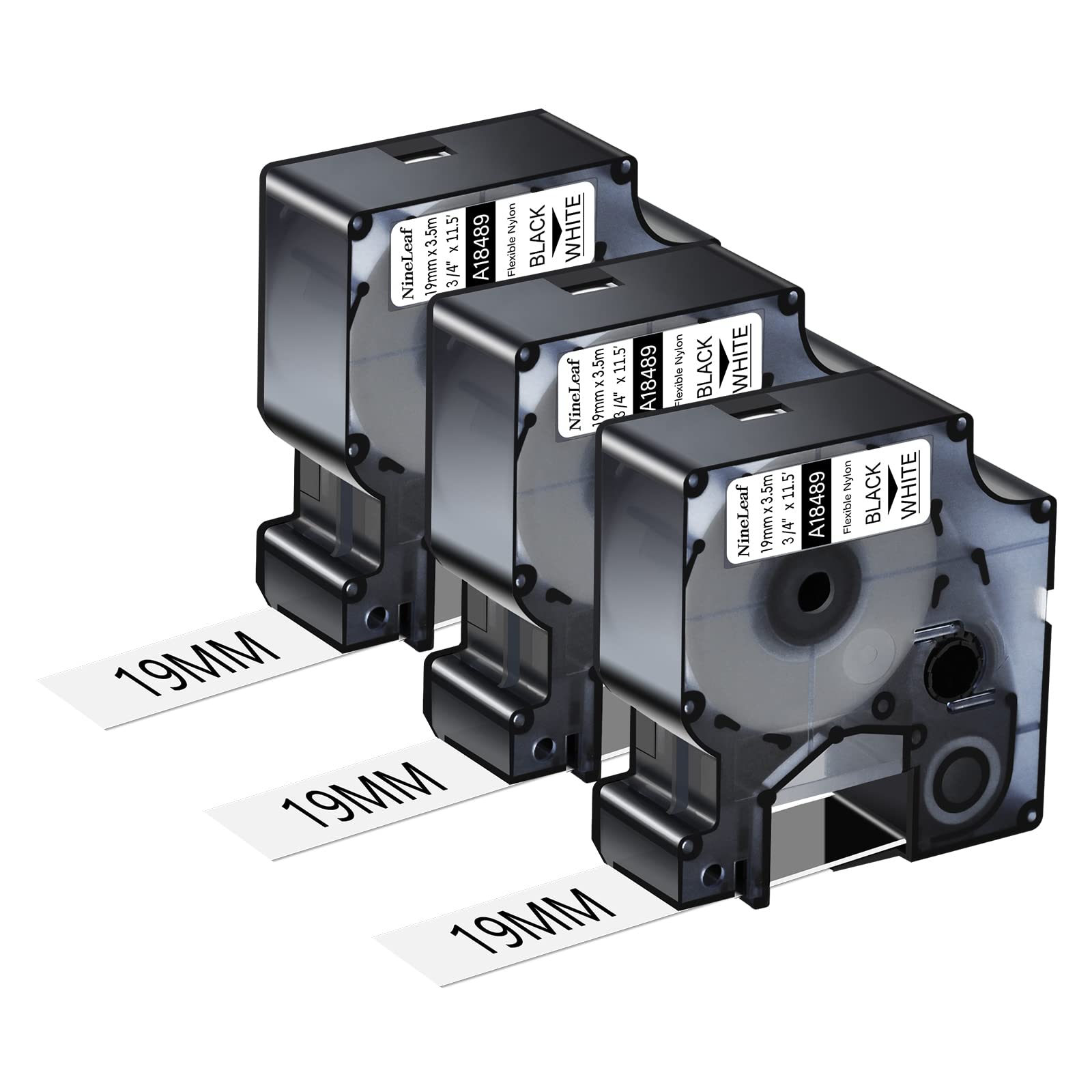 NineLeaf 3 Pack Replacement for Dymo 18489 A18489 19mm x 3.5m 0.7'' 3/4 inch Black on White Flexible Nylon Industrial Label Tape for Rhino 4200 6000 ILP 219 3M PL150 PL300 Tyco T107M Label Maker