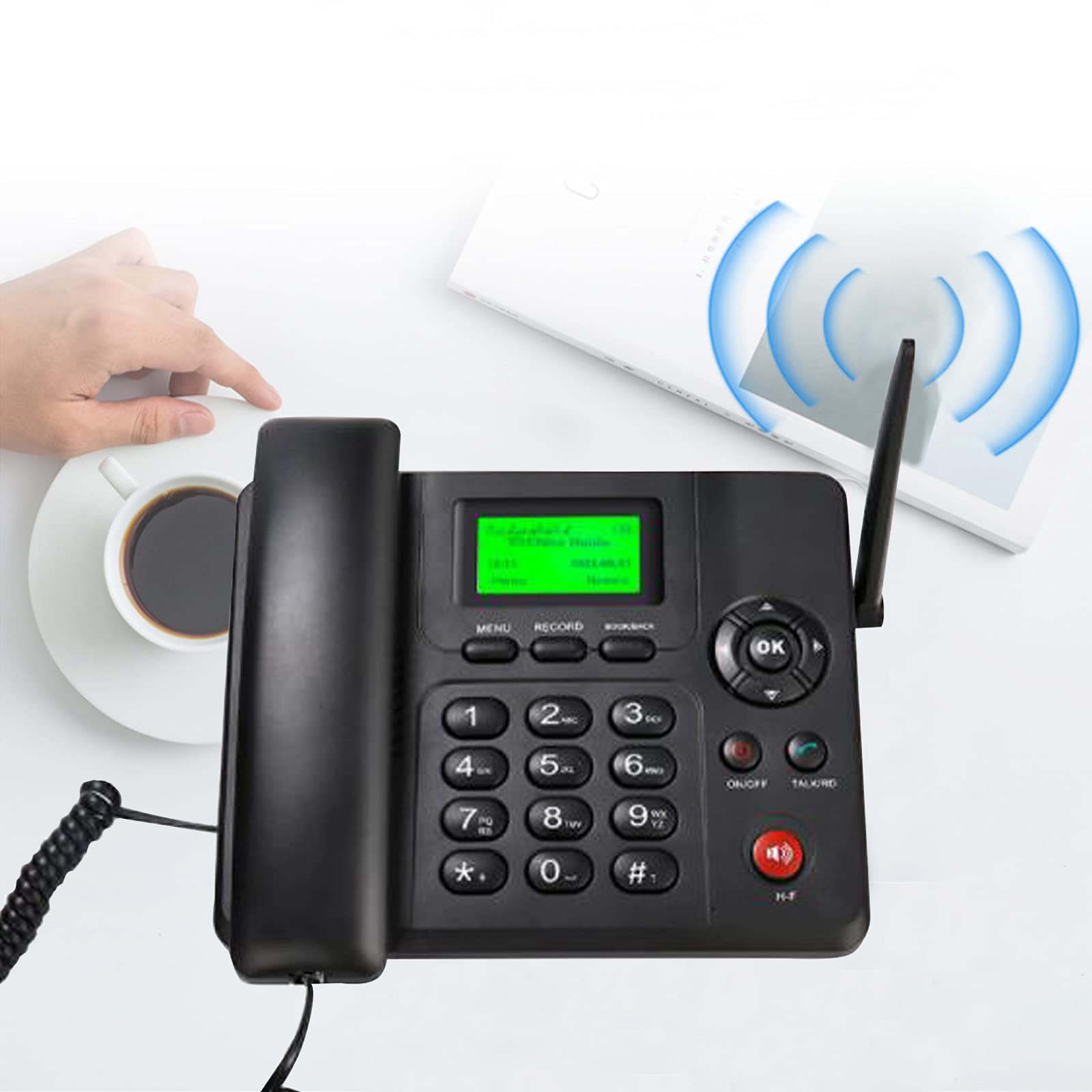 IBOWZ Telefono Fisso Telefono da scrivania Classico gsm Quadband,Vivavoce gsm Wireless Doppia SIM,Funzione Radio,Antenna Esterna,per Hotel Home Office,Telefono Fisso,Telefono Desktop Nero