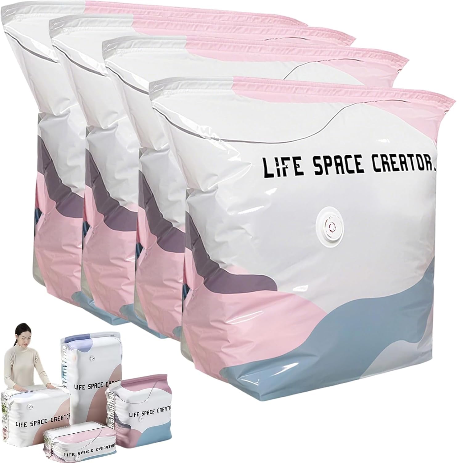 No‑Pump Vacuum Storage Bags Press & Seal No Pump Needed Thickened Non Suction Vertical Compression Bag Space Saver Dust-proof Vacuum Seal Bag for Comforters Blankets Clothes (4PCS,M)