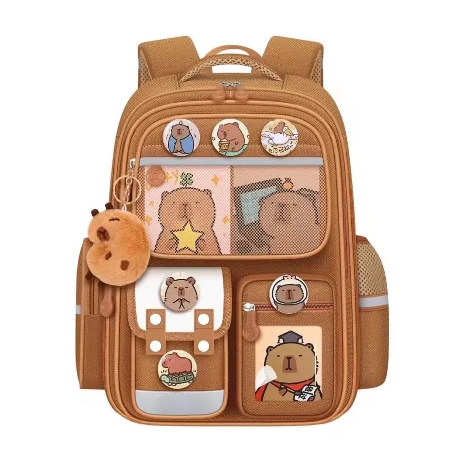 Mochila Escolar Infantil Capybara, Resistente à Água, Alças Ergonômicas, Brown Backpack Kawaii, Mochila Capivara Grande Capacidade (39x18x28)