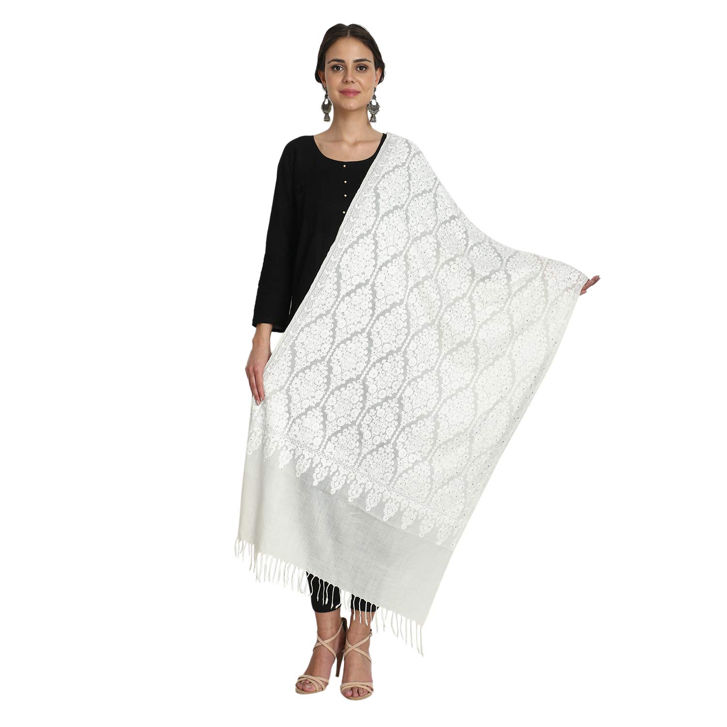 Tweedle Women's Off-White/Cream Pashmina Wool Kashmiri Embroidery Shawl/Stole/Wrap( for Winters Size-30x80 inches-image-27