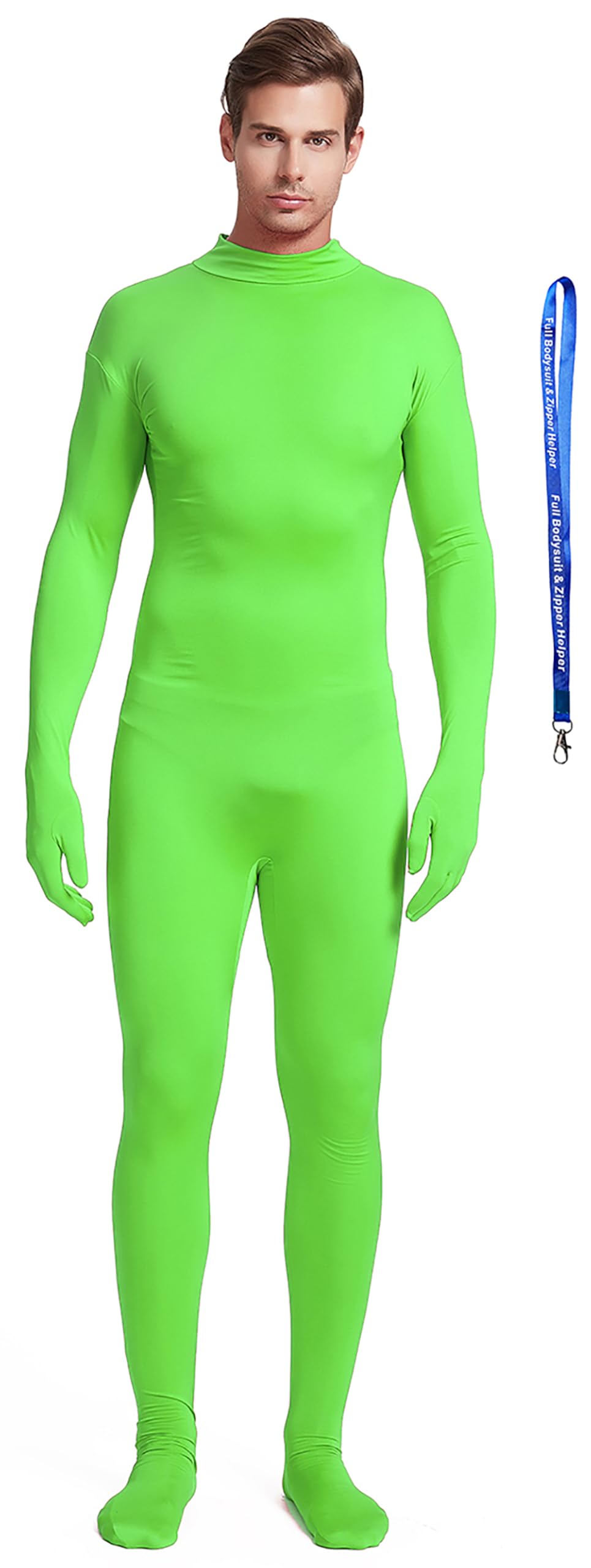 Full Bodysuit Include Zipper Helper Unisex Adult Costume Without Hood Spandex Stretch Zentai Unitard Body Suit, Lime Green, XL
