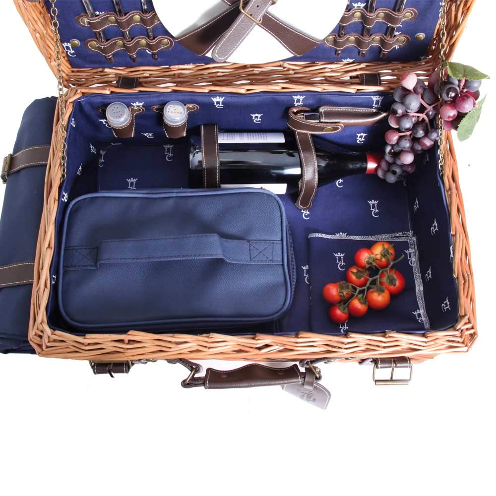 Les Jardins de la Comtesse - Panier Picnic Champs Elysées Bleu en Osier - Sangles en Cuir - Complet 2 Personnes - Glacière/Nappe - Assiettes en Porcelaine et Verres à Vin en Verre - 48 x 34 x 21 cm